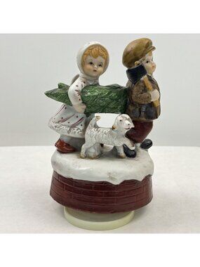 Christmas Music Box "Oh Christmas Tree" 7" Vintage Rotating Ceramic Children Dog